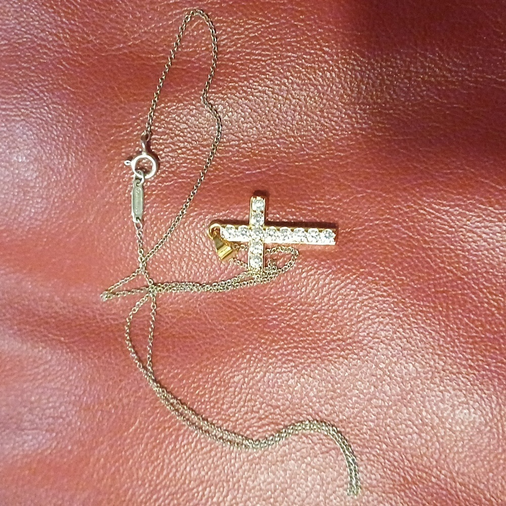 Tiffany & Co. Gold Cross Pendant Necklace with Clear Stones